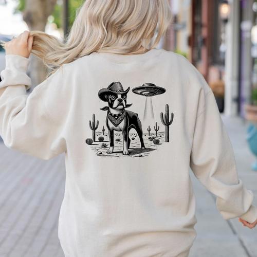 Vintage Boston Terrier UFO Western Wild West Dog Mom Dad Women's Sweatshirt Back Print - Bostonterriersmerch.com