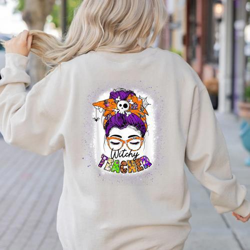 Witchy Teacher Halloween Messy Bun Teacher Bleached Women's Sweatshirt Back Print - teacherstshirts.com