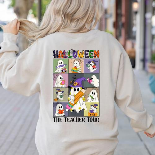 Women Halloween The Teacher Tour Ghosts Pencil Pumpkins Women's Sweatshirt Back Print - teacherstshirts.com