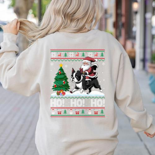 Xmas Tree Lighting Santa Riding Boston Terrier Christmas Women's Sweatshirt Back Print - Bostonterriersmerch.com