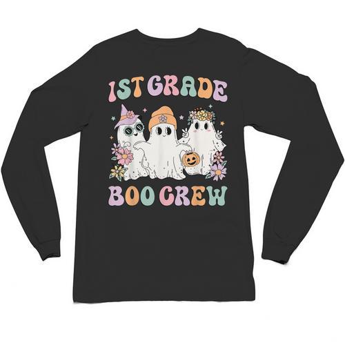 1st Grade Boo Crew Groovy Halloween Floral Ghost Kid Teacher Unisex Long Sleeve T-Shirt - teacherstshirts.com UK