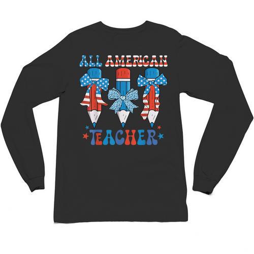 All American Teacher Pencil Coquette Bow USA Flag Teachers Unisex Long Sleeve T-Shirt - teacherstshirts.com UK