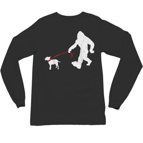 Bigfoot Walking With Bull Terrier Dog Unisex Long Sleeve T-Shirt - Bostonterriersmerch.com