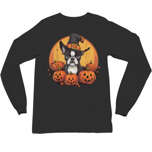 Boston Terrier Bostie Dog Breed Pet Halloween Pumpkins Unisex Long Sleeve T-Shirt - Bostonterriersmerch.com