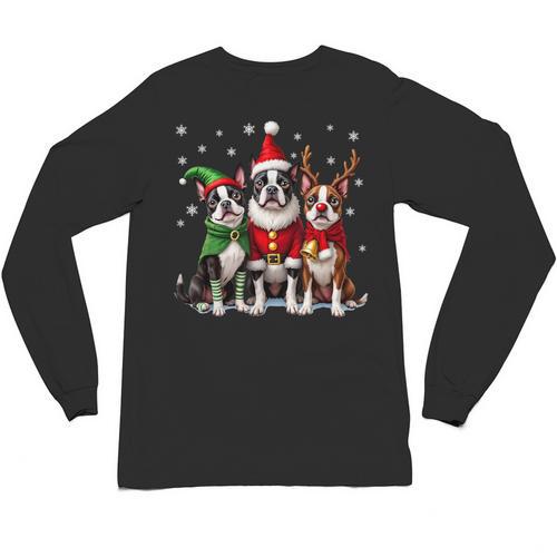 Boston Terrier Christmas Dogs Santa Reindeer Elf Unisex Long Sleeve T-Shirt - Bostonterriersmerch.com