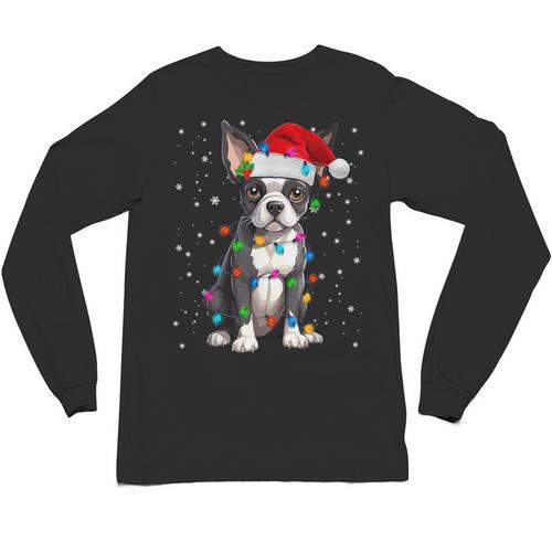 Boston Terrier Christmas Santa Hat Tree Lights Pajama Unisex Long Sleeve T-Shirt - Bostonterriersmerch.com
