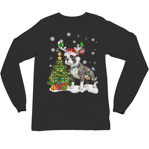 Boston Terrier Christmas Tree Lights Santa Hat Unisex Long Sleeve T-Shirt - Bostonterriersmerch.com