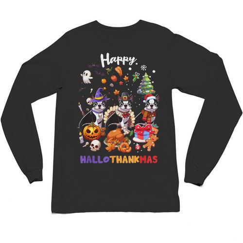 Boston Terrier Dog Christmas Happy Hallothankmas Halloween For Men Women Kids Unisex Long Sleeve T-Shirt - Bostonterriersmerch.com AU