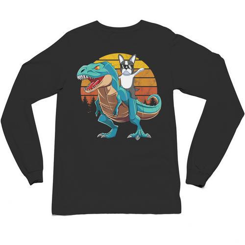 Boston Terrier Dog Riding Dinosaur T Rex Boys Unisex Long Sleeve T-Shirt - Bostonterriersmerch.com