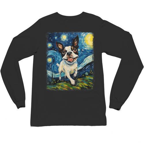 Boston Terrier Dog Starry Night Painting Unisex Long Sleeve T-Shirt - Bostonterriersmerch.com