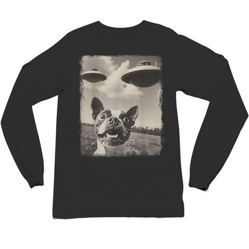 Boston Terrier Dog UFO Alien Extraterrestrial Selfie Unisex Long Sleeve T-Shirt - Bostonterriersmerch.com AU