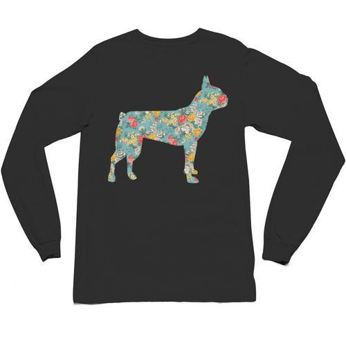 Boston Terrier Flower Silhouette Floral Dog Men Women Girls Kids Unisex Long Sleeve T-Shirt - Bostonterriersmerch.com