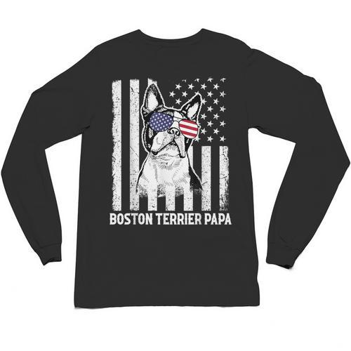 Boston Terrier Papa Cool Dog Lover USA American Flag Men Women Unisex Long Sleeve T-Shirt - Bostonterriersmerch.com