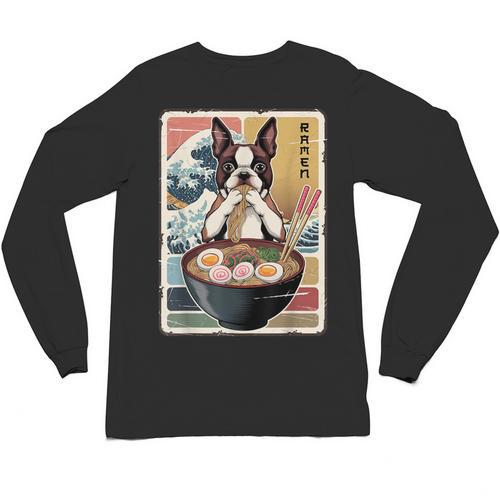 Boston Terrier Ramen Noodles Japanese Art Retro Ocean Waves Unisex Long Sleeve T-Shirt - Bostonterriersmerch.com