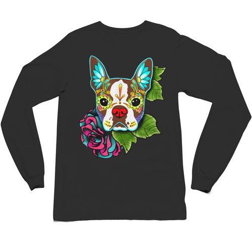 Boston Terrier In Red Day Of The Dead Sugar Skull Dog Unisex Long Sleeve T-Shirt - Bostonterriersmerch.com