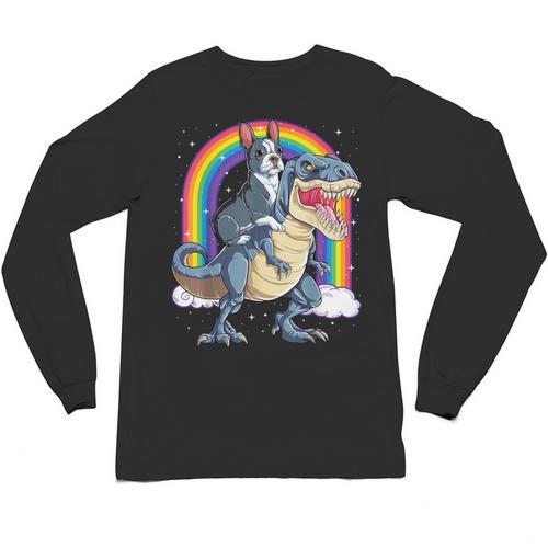 Boston Terrier Riding Dinosaur T-Rex Boys Kids Rainbow Unisex Long Sleeve T-Shirt - Bostonterriersmerch.com