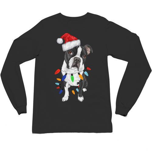 Boston Terrier Santa Christmas Lights Xmas Dog Lover Men Women Kids Unisex Long Sleeve T-Shirt - Bostonterriersmerch.com
