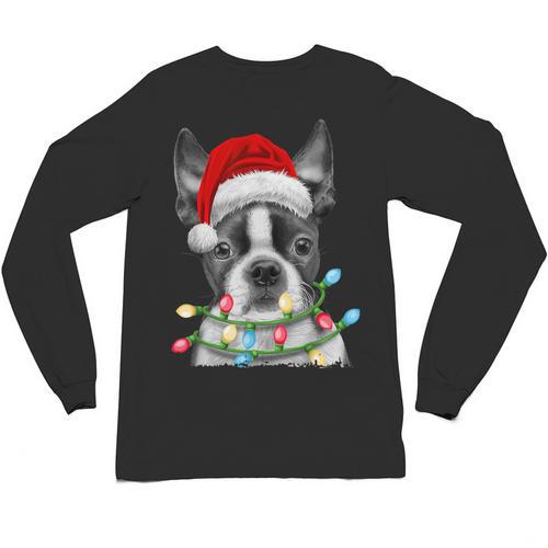 Boston Terrier Santa Christmas Tree Lights Xmas Boys Men Dog Unisex Long Sleeve T-Shirt - Bostonterriersmerch.com