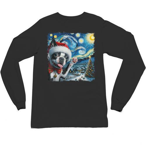 Boston Terrier Santa Starry Night Van Gogh Christmas Dog Men Women Kids Unisex Long Sleeve T-Shirt - Bostonterriersmerch.com