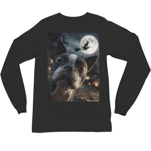 Boston Terrier Selfie Full Moon Flying Witch Halloween Dog Unisex Long Sleeve T-Shirt - Bostonterriersmerch.com AU