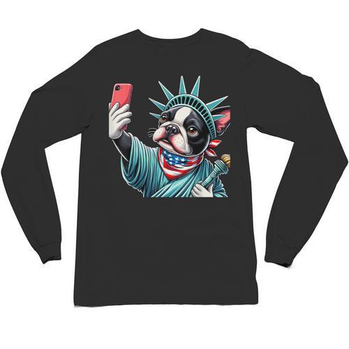 Boston Terrier Selfie Statue Of Liberty 4th Of July American Unisex Long Sleeve T-Shirt - Bostonterriersmerch.com
