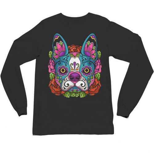 Boston Terrier Sugar Skull Dog Day Of The Dead Unisex Long Sleeve T-Shirt - Bostonterriersmerch.com