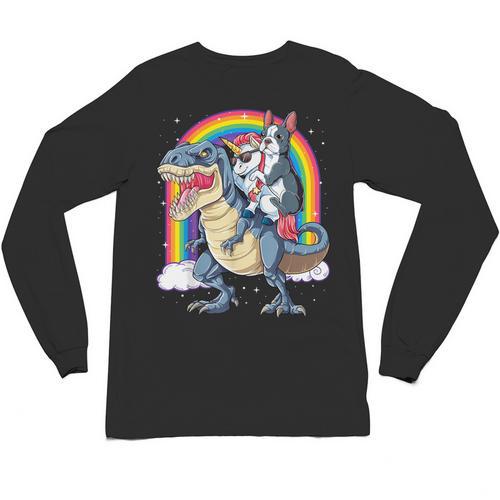 Boston Terrier Unicorn Riding Dinosaur T-Rex Girls Rainbow Unisex Long Sleeve T-Shirt - Bostonterriersmerch.com