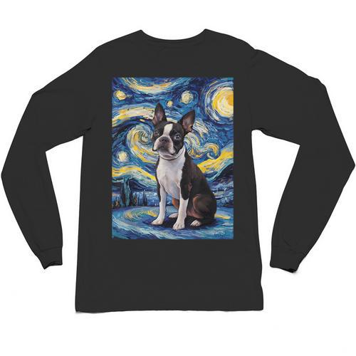 Boston Terrier Van Gogh Starry Night Unisex Long Sleeve T-Shirt - Bostonterriersmerch.com