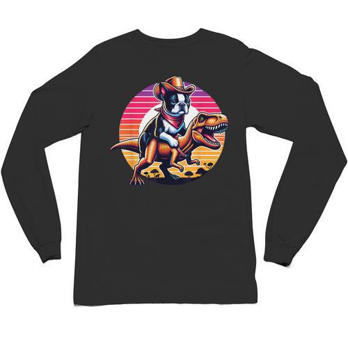 Boston Terrier Wearing A Cowboy Hat On T-Rex Unisex Long Sleeve T-Shirt - Bostonterriersmerch.com