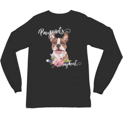 Brown Boston Terrier With Flowers And Feathers Unisex Long Sleeve T-Shirt - Bostonterriersmerch.com