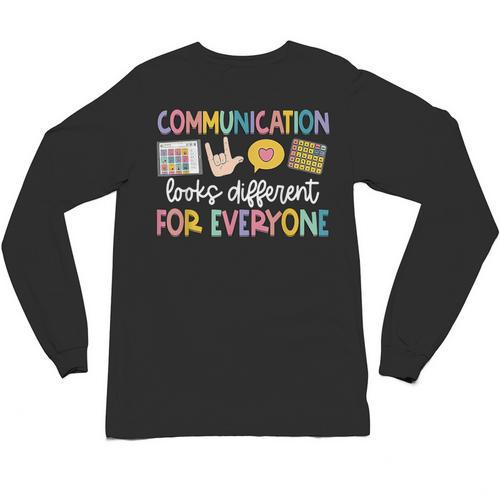Communication Looks Different Tee Shirt Kids -Adults Teacher Animal Print Small Short Sleeve Classic Fit Crew Neck Polyester 100 Unisex Long Sleeve T-Shirt - teacherstshirts.com UK