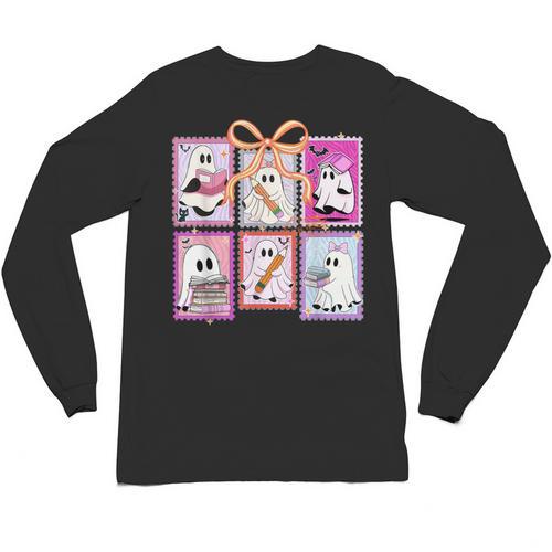 Coquette Bow Spooky Teacher Ghost Halloween Trick Or Teach Unisex Long Sleeve T-Shirt - teacherstshirts.com AU