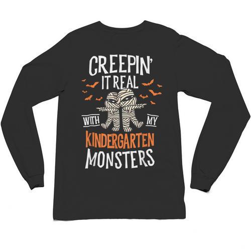 Creepin It Real Kindergarten Monsters Halloween Teacher Unisex Long Sleeve T-Shirt - teacherstshirts.com CA