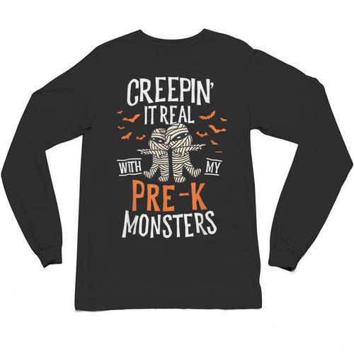 Creepin It Real Pre-K Monsters Halloween Preschool Teacher Unisex Long Sleeve T-Shirt - teacherstshirts.com CA