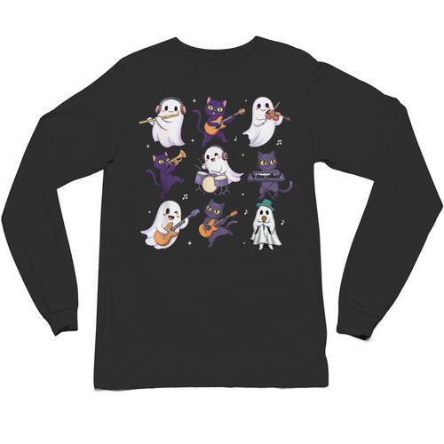 Cute Ghost Cat Playing Musical Halloween Music Teacher Unisex Long Sleeve T-Shirt - teacherstshirts.com AU