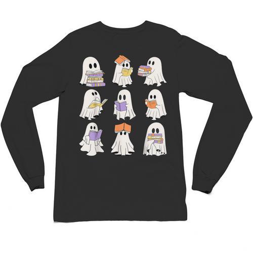 Cute Ghost Reading Books Teacher Halloween Reading Men Women Kids Unisex Long Sleeve T-Shirt - teacherstshirts.com AU