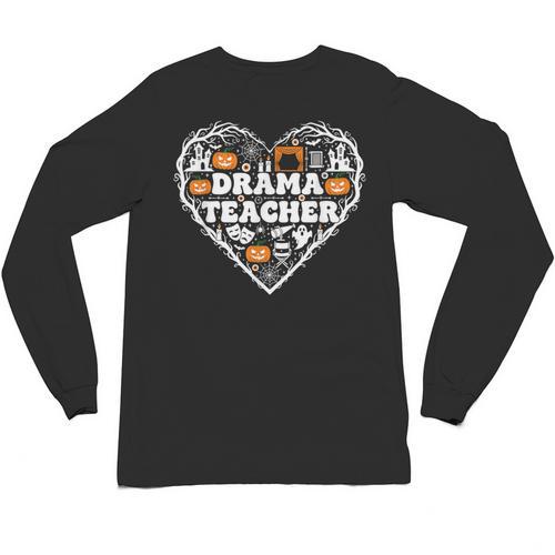 Drama Teacher Heart Pumpkin Ghost Halloween Kids Unisex Long Sleeve T-Shirt - teacherstshirts.com