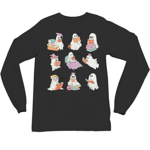 Ghost Book Reading Halloween Books Lover Teacher Kids Unisex Long Sleeve T-Shirt - teacherstshirts.com DE