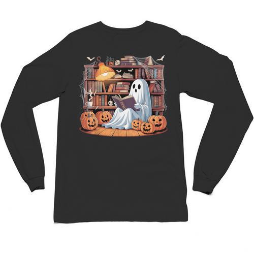Ghost Book Reading Halloween Books Lover Teacher Unisex Long Sleeve T-Shirt - teacherstshirts.com UK
