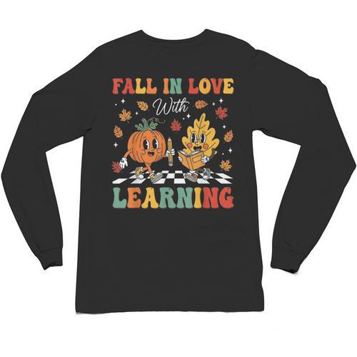 Groovy Fall In Love With Learning Autumn Pumpkin Teacher Unisex Long Sleeve T-Shirt - teacherstshirts.com DE