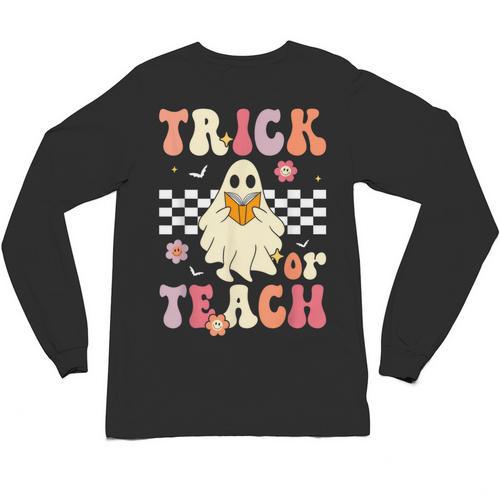 Groovy Teacher Halloween Retro Trick Or Teach Floral Ghost Unisex Long Sleeve T-Shirt - teacherstshirts.com UK