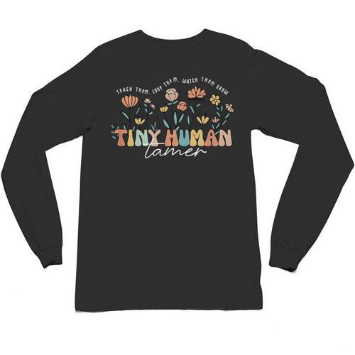 Groovy Tiny Human Tamer Floral Kindergarten Teacher Unisex Long Sleeve T-Shirt - teacherstshirts.com UK