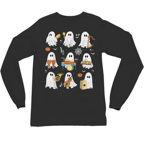 Halloween Ghost Playing Musical Instruments Music Teacher Unisex Long Sleeve T-Shirt - teacherstshirts.com AU
