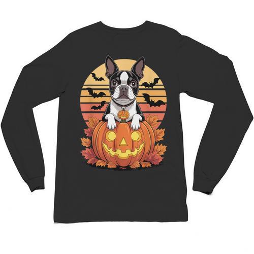 Halloween Retro Boston Terrier Unisex Long Sleeve T-Shirt - Bostonterriersmerch.com CA