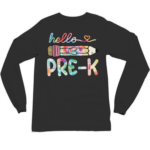 Hello Pre-K Pencil Teacher Student Tie Dye Unisex Long Sleeve T-Shirt - teacherstshirts.com UK