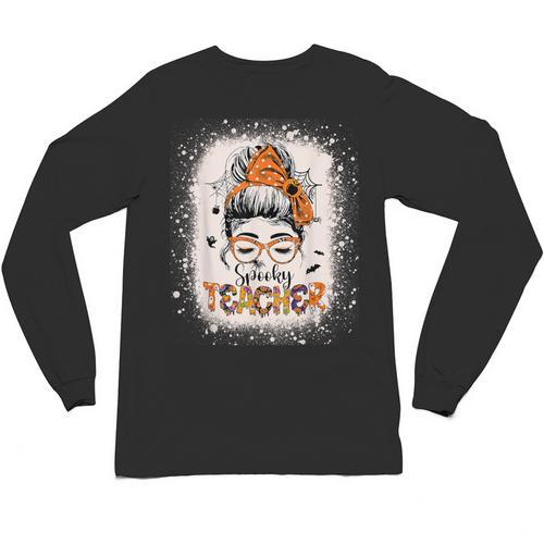 Messy Bun Spooky Teacher Bleached Halloween Teachers Unisex Long Sleeve T-Shirt - teacherstshirts.com AU