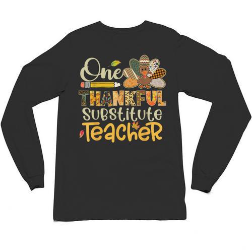 One Thankful Substitute Teacher Turkey Leopard Thanksgiving For Men Women Unisex Long Sleeve T-Shirt - teacherstshirts.com AU