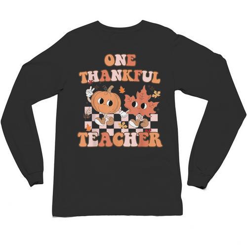 One Thankful Teacher Fall Leaves Thanksgiving Retro Unisex Long Sleeve T-Shirt - teacherstshirts.com AU