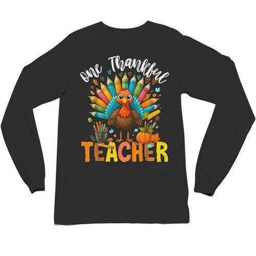 One Thankful Teacher Thanksgiving Turkey Cute Crayon Pencil Unisex Long Sleeve T-Shirt - teacherstshirts.com UK
