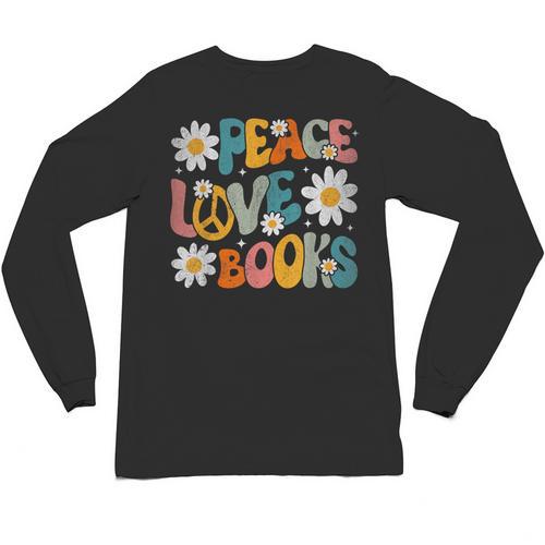 Peace Love Books Bookworm Librarian Reading Teacher Groovy Unisex Long Sleeve T-Shirt - teacherstshirts.com